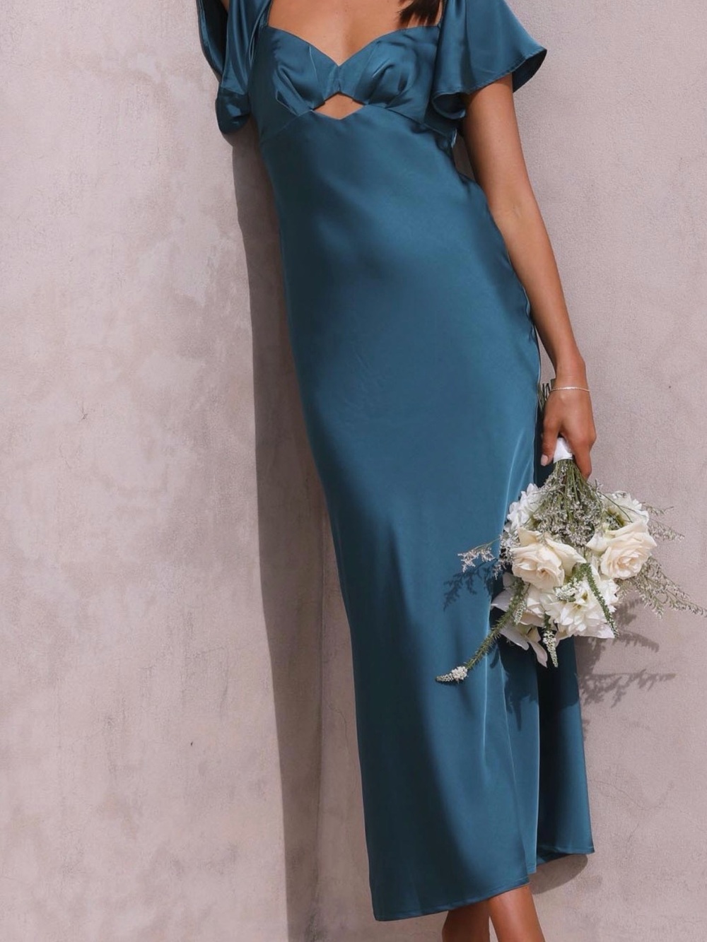 Teal Satin Cutout Midi Dress - Women